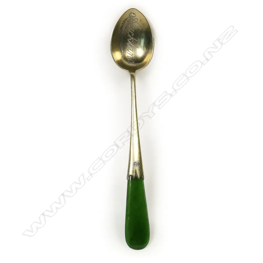 Adolph Kohn (Auckland) greenstone gilded silver souvenir spoon, Image 1++